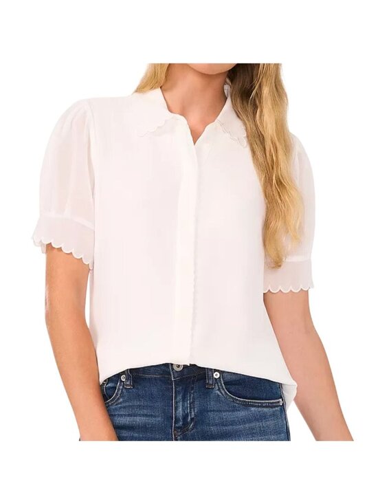 CeCe Tops - NWT CeCe Ivory Scalloped Short Sleeve Blouse Size Med MSRP $69